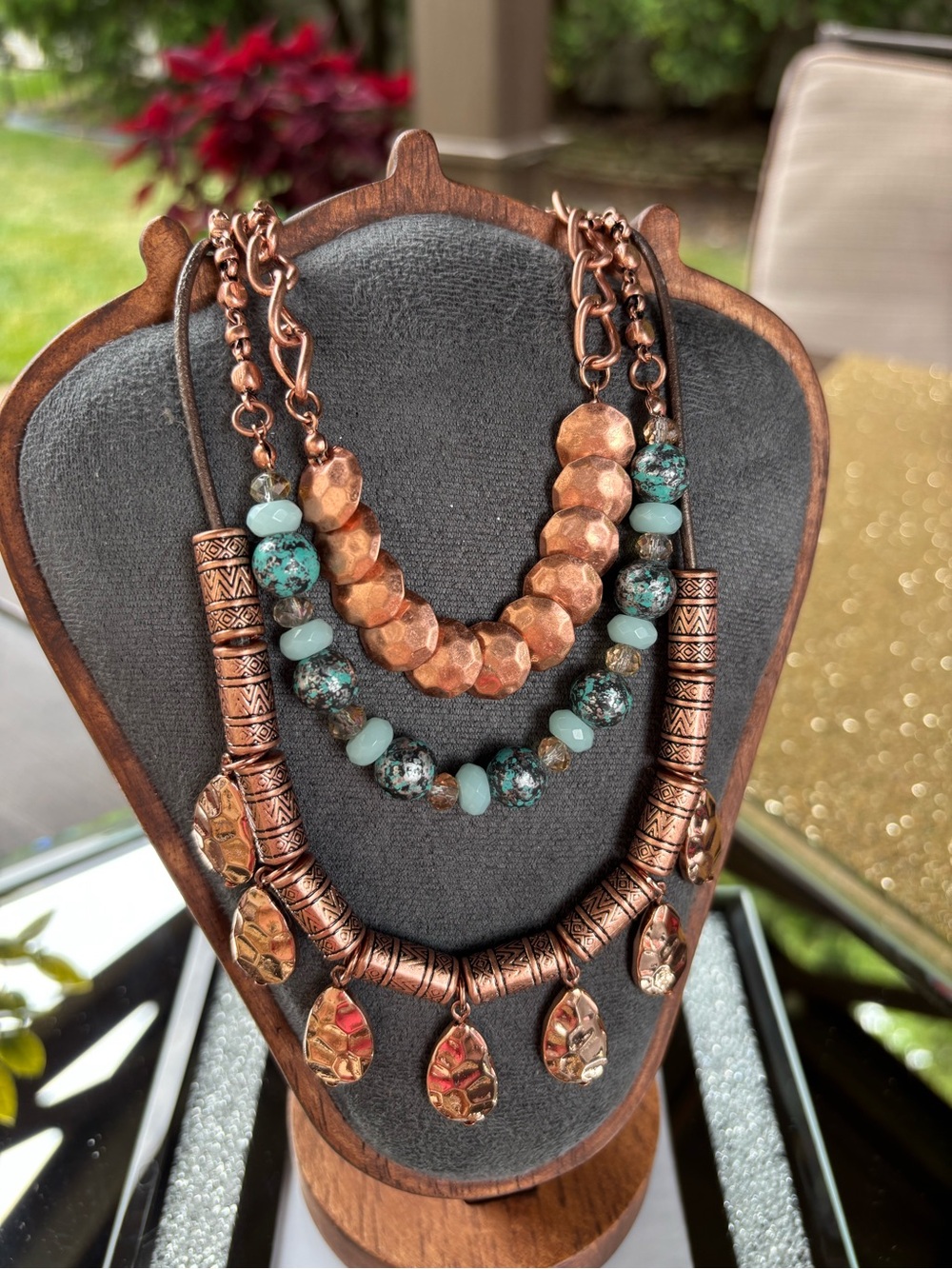 Premier Designs Prestley multistrand necklace copper discs and turquoise beads - Picture 5 of 8